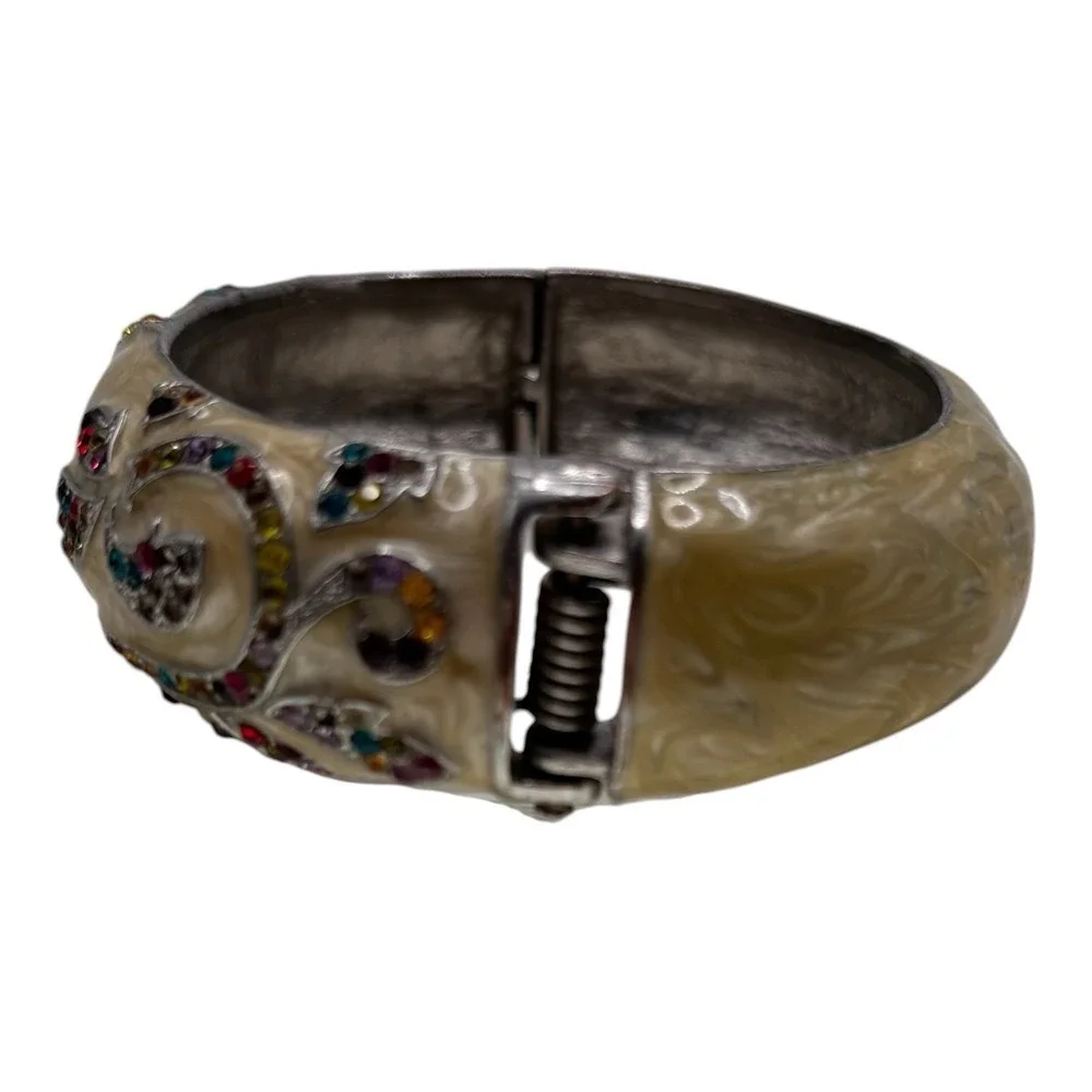 Vintage Rhinestone Bracelet Cream Marbled Enamel Hinged Clamper Art Nouveau READ